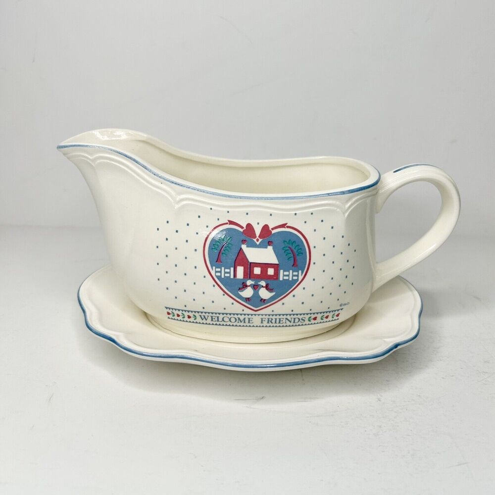 Gravy Boat & Plate Country Style Welcome Friends Ducks Blue  made in Japan 24oz.